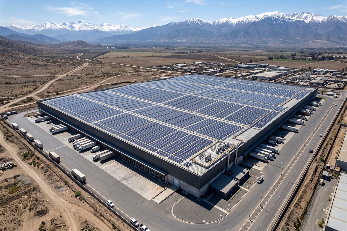 Cubierta de una bodega industrial cubierta con filas de paneles solares