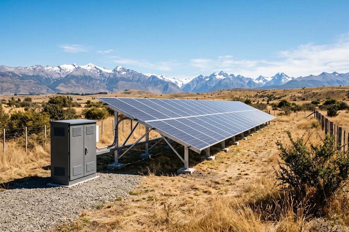 Sistema solar off-grid montado sobre estructura en el piso, con gabinete de baterías e inversor, en una parcela