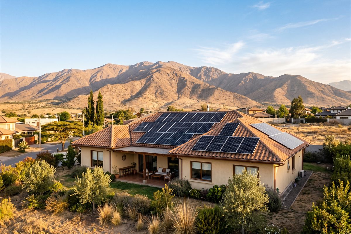 Instalación de paneles solares on-grid sobre el techo de tejas de una casa en la Región Metropolitana, con la cordillera al fondo