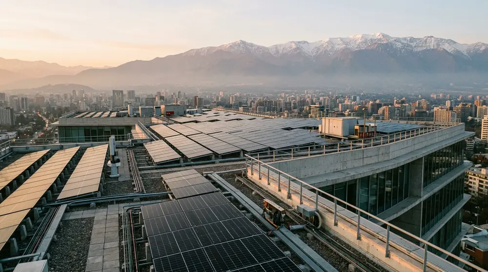 Techo de un local comercial con un arreglo de paneles solares al amanecer