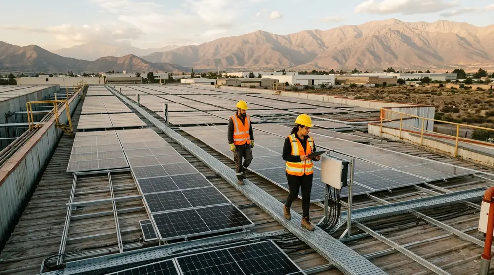 Techo industrial de gran superficie cubierto con filas de paneles solares y dos ingenieros inspeccionando
