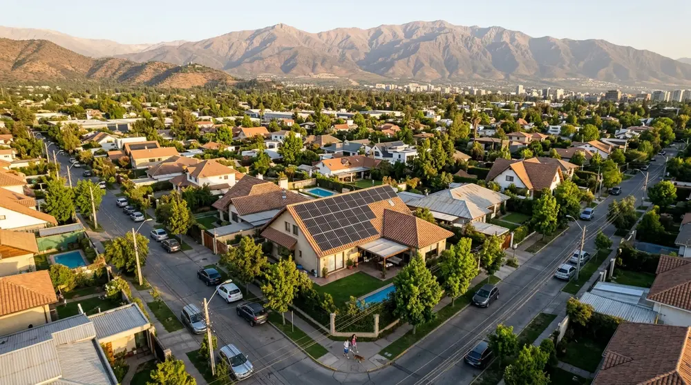 Vista aérea de una casa de la Región Metropolitana con paneles solares instalados en el techo